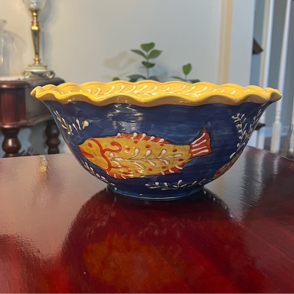 Maxcera Mediterranean Large Serving Bowl Fish Nautical Ruffle Edge Hand Painted - Picture 2 of 10